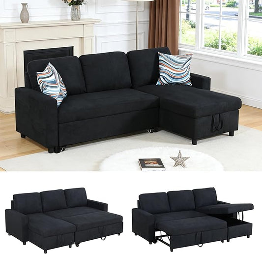 Sectional Sleeper Sofa with Pull Out Bed L Shaped Pull Out Couch with Storage Chaise 3 Seats Convertible Couch Bed for Apartment Living Room Black