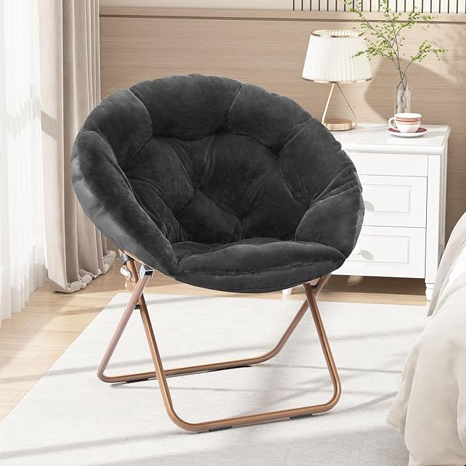 Cozy Saucer Chair Living Room Chair Faux Fur Soft Thick Padded Seat Metal Frame Folding Chair Comfortable Moon Chair for Living Room Bedroom Reading Nook Modern Style 2 Pack Black
