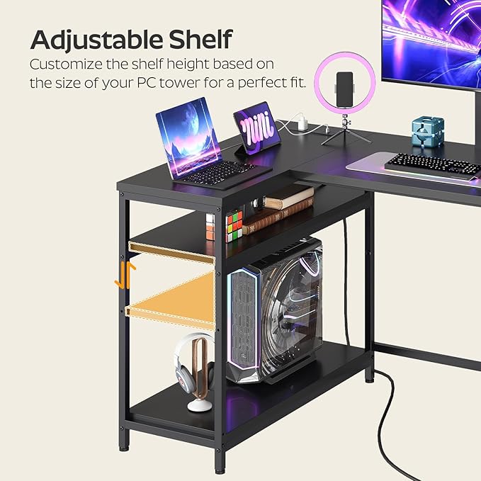 L Shaped Computer Desk with Adjustable Monitor Stand Gaming Desk with Power Outlets Office Desk with Fabric Drawer File Drawer and Hook for Living Room Home Office Black DN03UBB