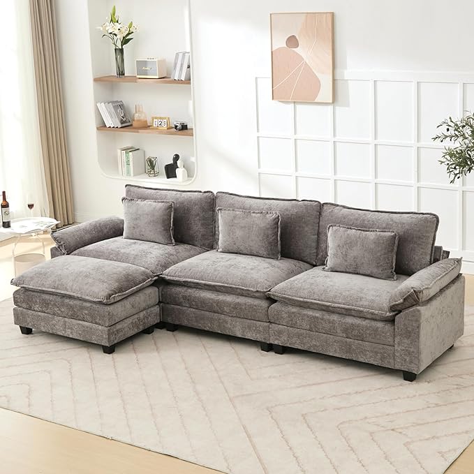 120 L Shaped Couch Modular Sectional Sofa Cloud Couch with Movable Ottoman Modern Chenille Deep Seat Sleeper Sofa with Throw Pillows for Living Room and Apartment (Grey 4-Seat)