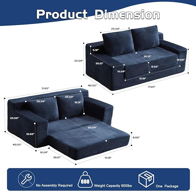 72 Boneless Loveseat Couch Foldable Pull Out Sofa Bed with 2 Pillows Corduroy Floor Sofa for Apartment Living Room Bedroom Guest Room No Assembly (Dark Blue)