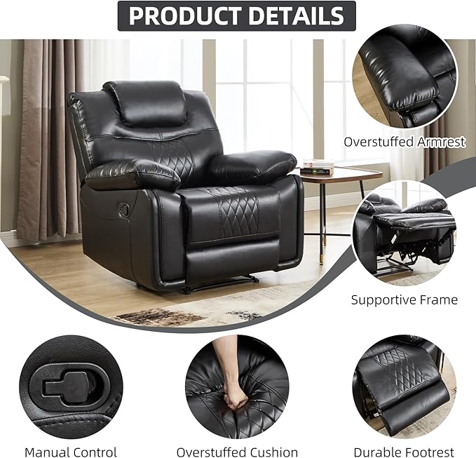 EBELLO Faux Leather Manual Recliner Chair Overstuffed Reclining Sofa with Comfortable Armrest and Backrest Single Couch for Living Room Black