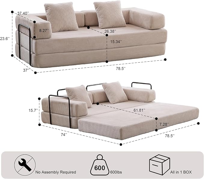 Folding Sofa Bed Modular Sectional Cloud Couch Convertible Sleeper Sofa Bed with Pillow Back Support Armrest for Living Room Bedroom Lounge No Assembly Required Corduroy (Beige)