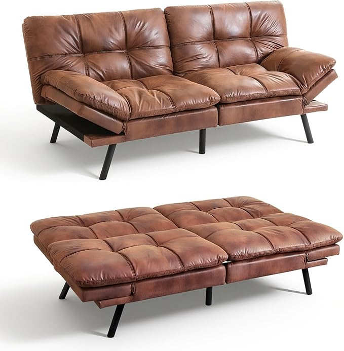 Vipbear 71 Futon Sofa Bed - Convertible Sofa Beds/Adjustable Backrest &amp Armrest Comfy Loveseat Sleeper for Small Spaces Apartments &amp OfficesFaux Leather Brown Futons