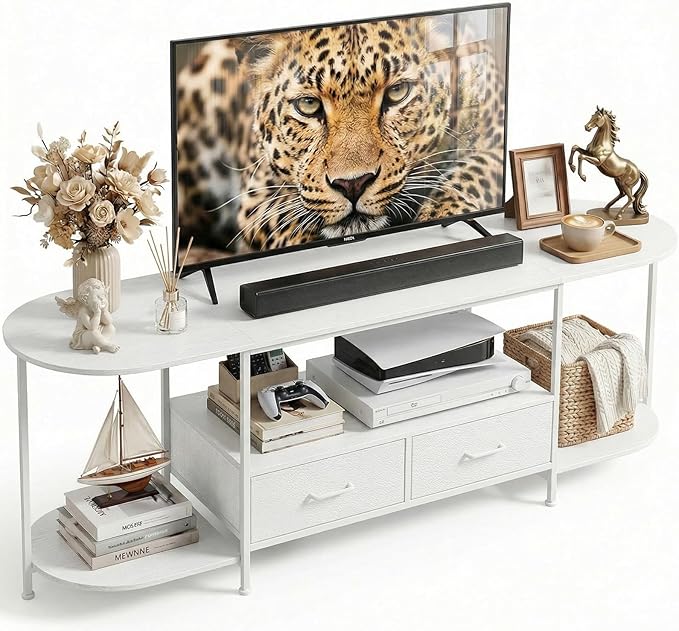 63 TV Stand for TVs up to 75 Inches Curved Edge Media Console &amp Entertainment Center with 2 Fabric Drawers Modern TV Console Table for Living Room or Bedroom White