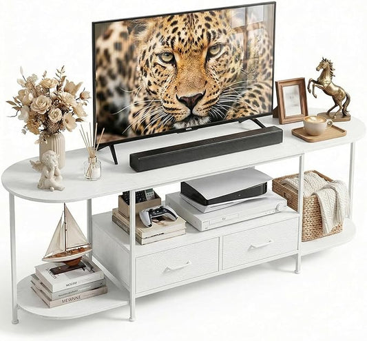 63 TV Stand for TVs up to 75 Inches Curved Edge Media Console &amp Entertainment Center with 2 Fabric Drawers Modern TV Console Table for Living Room or Bedroom White