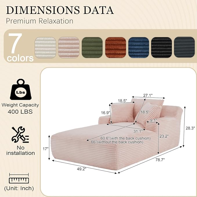 80 Inch Oversized Chaise Lounge Chair IndoorBoneless Corduroy Sofa Bed with Spring CushionDeep Seat Cloud Couch and Reading LoungerSoft Sleeper Sofa for Living RoomNo Assembly Required (Pink)
