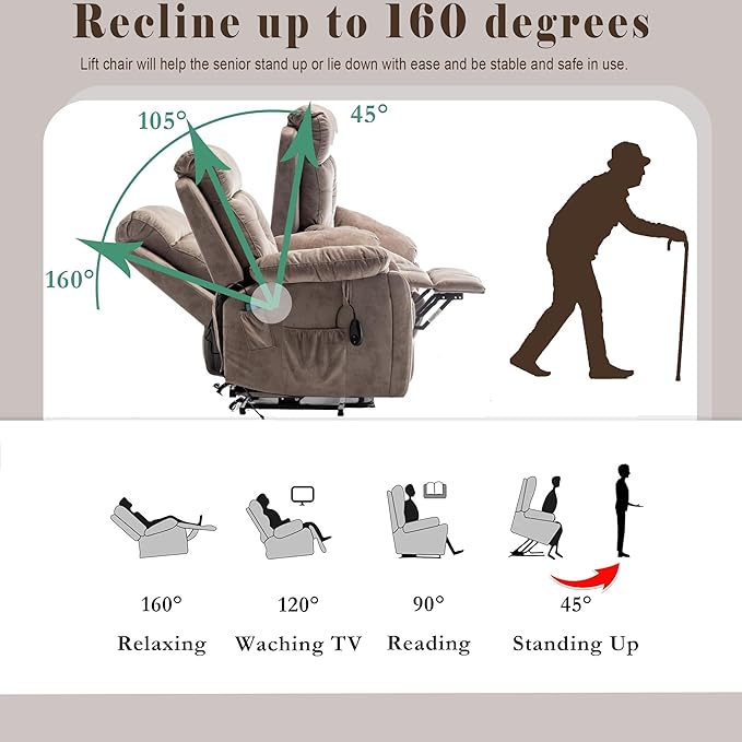 Power Lift Recliner Chair with Massage and Heating FunctionsVelvet Sofa with 2 Remote Controls and Two Cup HoldersRecline up to 160 DegreesSuitable for Living Room