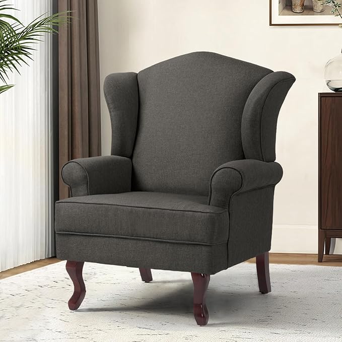 Accent Chair High Back Upholstered Armchair with High Resilience Sponge &amp Wood Legs Mid-Century Modern Comfy Single Sofa Reading Chairs for Living Room Bedroom (Dark Grey Set of 1)