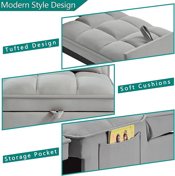 4 in 1 Sleeper Chair with Pullout BedConvertible Lazy Sleeper Sofa Chair withStorage Pockets &amp Adiustable Backrest forLiving Room (Grey)