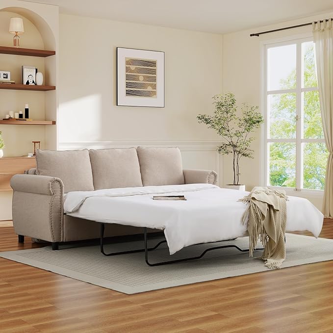 Queen Pull Out Sofa Bed 2-In-1 Pull Out Couch Bed with Memory Foam Mattress &amp Riveted Rolled Armrests 3 Seater Convertible Sleeper Sofa Foldable Couch for Living Room Bedroom Apartment(Beige)