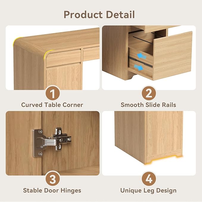 59-Inch Large Computer Desk with 5 Drawers and Storage Cabinet for Living Room Modern Wood Computer Desk for Home Office Bedroom Small Space Light Oak