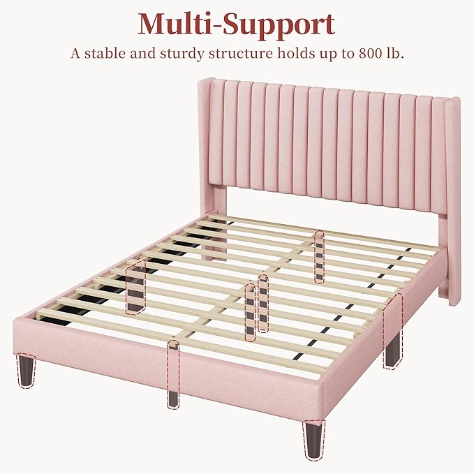 Yaheetech Queen Bed Frame Upholstered Platform Bed with Fabric Headboard Wing Edge Design/Non-Slip and Noise-Free/Wooden Slats Support/No Box Spring Needed/Easy Assembly Pink Queen Bed