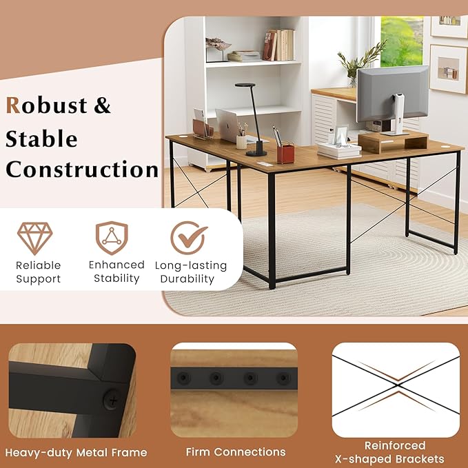 Giantex L Shaped Computer Desk 59 Inch Reversible Corner Desk with Power Outlet and USB Ports &amp Monitor Stand Wooden Writing Desk Gaming Table for Home Office Room Small Space (Natural)