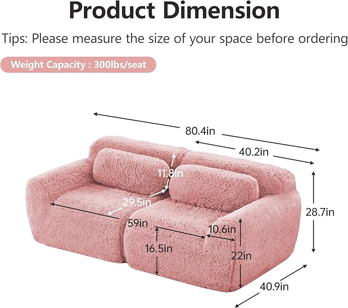 80.3 loveseat Sectional Couches for Living Room - Cloud Modular Couch Boneless Plush Sofa with Deep Seat &amp Support Pillow - Pink