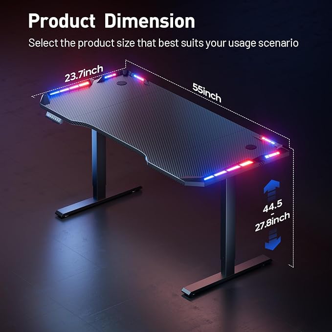 HLDIRECT Gaming Standing Desk with LED Lights 55 Inch Electric Height Adjustable Table with Headphone Hook Carbon Fiber Surface Sit Stand Gamer Desk Computer Workstation for Bedroom Home Black