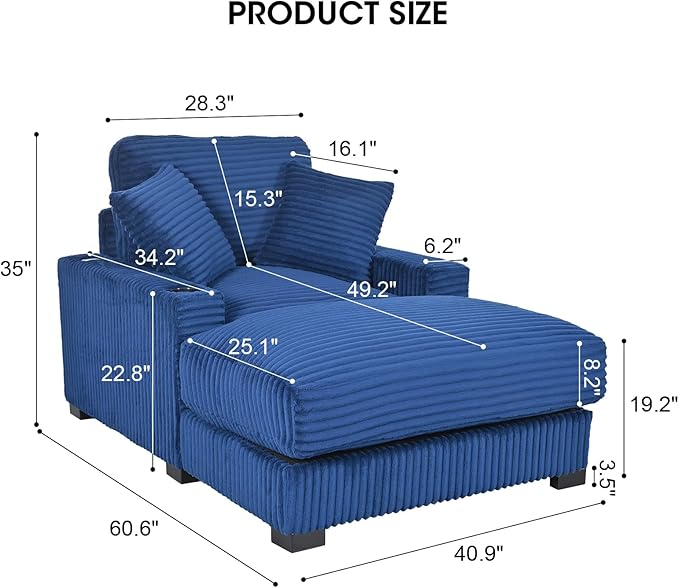 41 Chaise Lounge Indoor Comfy Reading Chair with 2 PillowsUSB Charger Cup Holder Adjustable Backrest Corduroy Sofa Bed Lazy Chair Sleeper Couch Small Couch for Apartment Blue