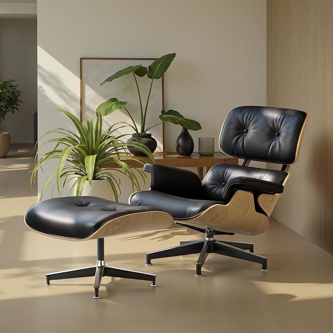 Top Black Grain Leather Mid Century Chaise Lounge Chair and Ottoman Modern Chair Classic Design Ash Wood Heavy Duty Base Support for Living Room Office
