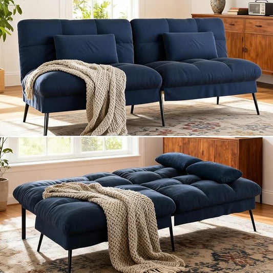 COMHOMA Convertible Sofa Bed72″Fabric Couch with Adjustable BackrestLoveseat Recliner Sleeper Living Room Furniture futon Set (Blue)