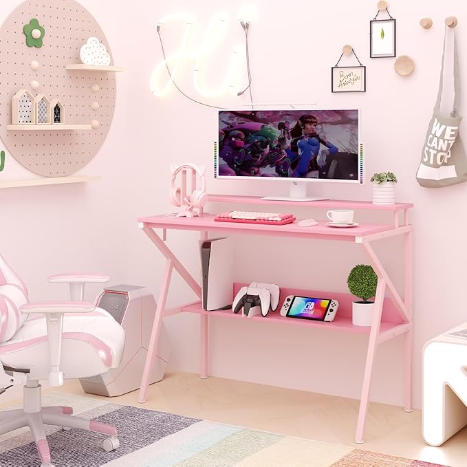 Giantex Small Desk with Storage Compact Computer Desk for Small Spaces with Monitor Stand Metal Frame &amp Earphone Hook Laptop PC Table Modern Writing Desk for Home Office Bedroom (Pink)