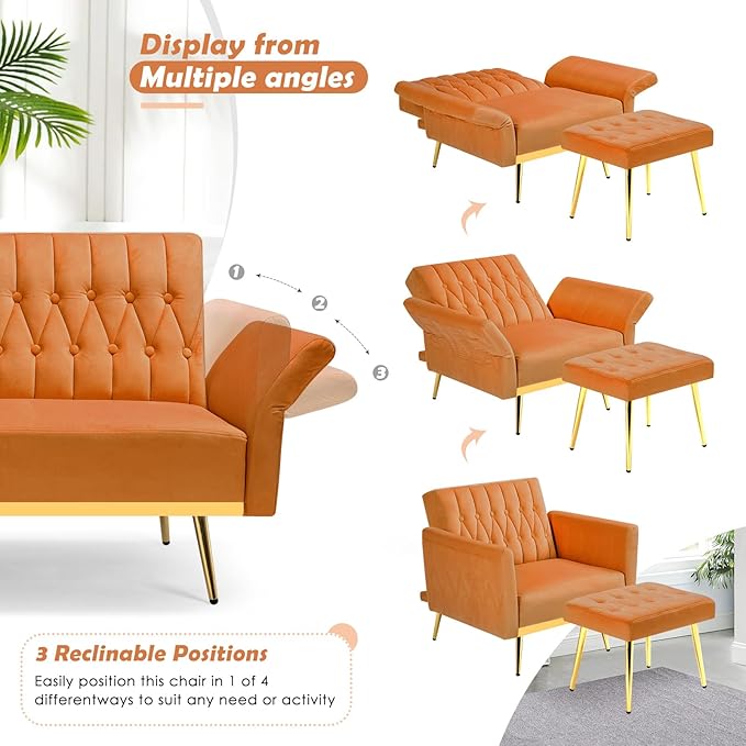 Velvet Accent Chair with Adjustable Backrest and Armrests Single Recliner Armchair with Ottoman and Golden Mental Legs for Living Room Bedroom and Waiting Room Orange
