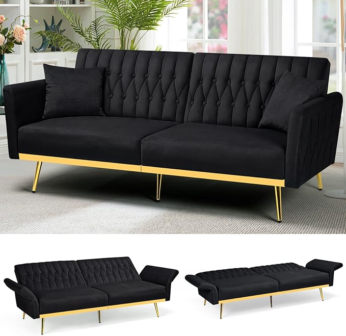 70” Velvet Futon Sofa Bed with 2 Pillows and Adjustable Armrests Convertible Sleeper Bed W/Adjustable Backrests Modern Loveseat for Living Room Bedroom Black