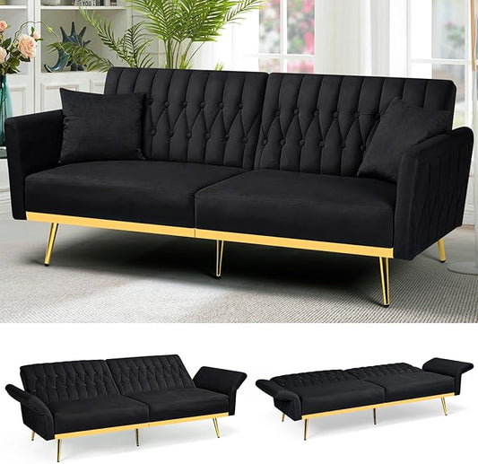70” Velvet Futon Sofa Bed with 2 Pillows and Adjustable Armrests Convertible Sleeper Bed W/Adjustable Backrests Modern Loveseat for Living Room Bedroom Black