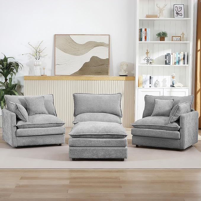 102 Grey Modular Sectional Sofa with Movable Ottoman Convertible L Shaped Chenille Cloud Couch Comfy 3-Seater Deep Seat Sofa Couches for Living Room Bedroom and Apartment (Grey 102)