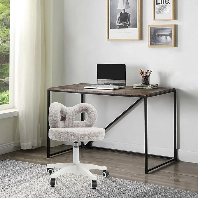 Vanity Chair with Cute Bow Backrest Grey Make-up Chair Height Adjustable Roller Chair with 5 Wheels Armless Dressing Chair Small Upholstered Accent Chair Desk Chair for Bedroom Living Room