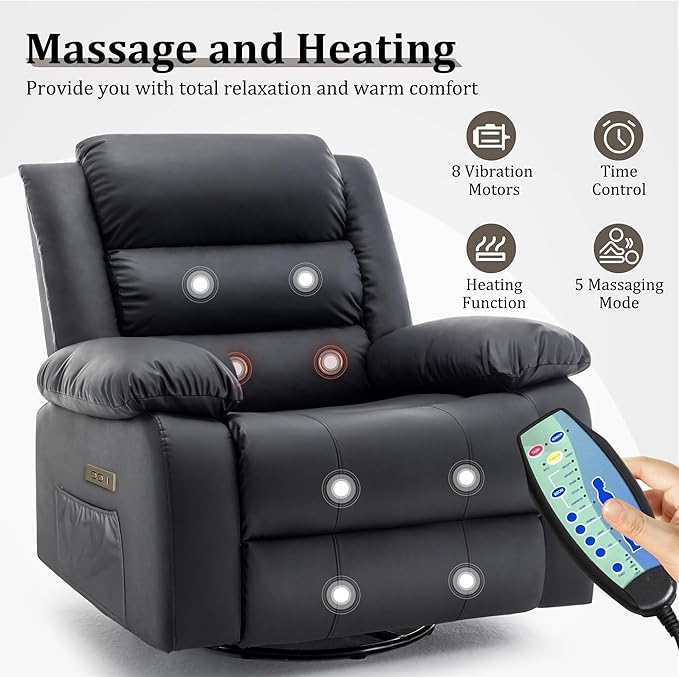Power Recliner Chair Electric Rocker Recliner with Massage and Heat 270° Swivel Glider Oversized Wide Seat with USB Port Cashmere Nursery Chair for Living Room Black