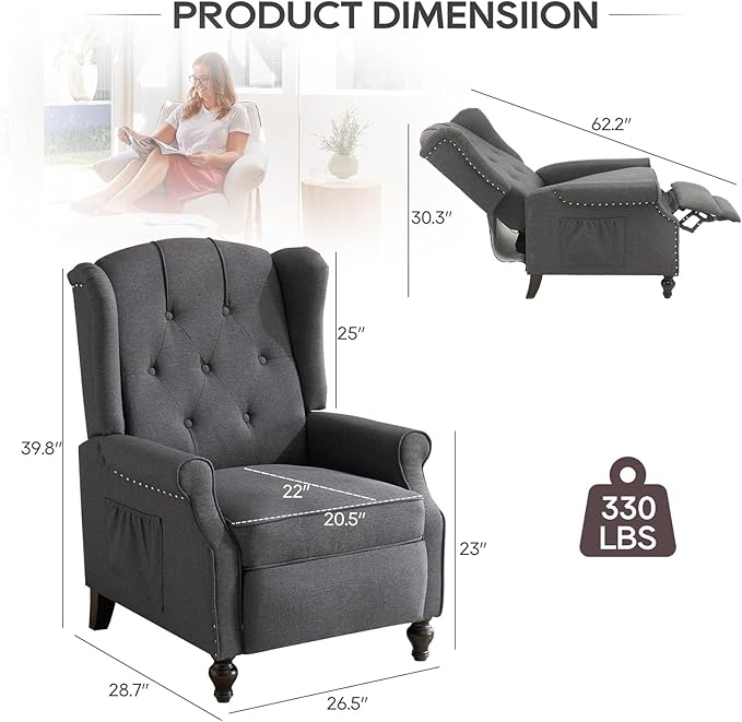 Wingback Recliner Chair with Massage and Heat Upholstered Fabric Living Room Chair Armchair with Nailhead TrimPush Back Recliner Chair with Remote ControlPadded Cushion (2 * Grey)