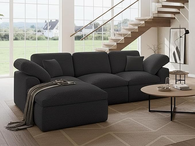 Cloud Sectional Couches for Living Room 4 Seater Cloud Modular Couch L Shaped Corduroy Sectional Sofas with Ottoman Boneless Comfy Sofa for Apartment No-Assembly Grey