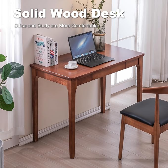 Solid Wood Desk with Drawers Home Office Desk for Small Spaces Gaming Work Study Desk Student PC Desk for Bedroom Easy to Assemble (Cherry Color 39.4 inch)