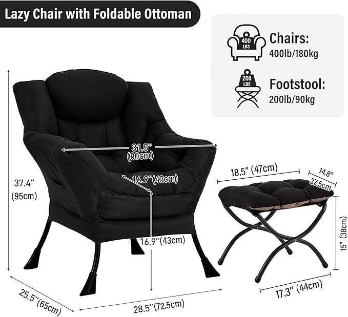 Lazy Chair with Ottoman Modern Accent Chair with Armrests and a Side Pocket Black Accent Chairs Reading Chairs Oversized Armchairs for Bedroom Study Living Room Courtyard