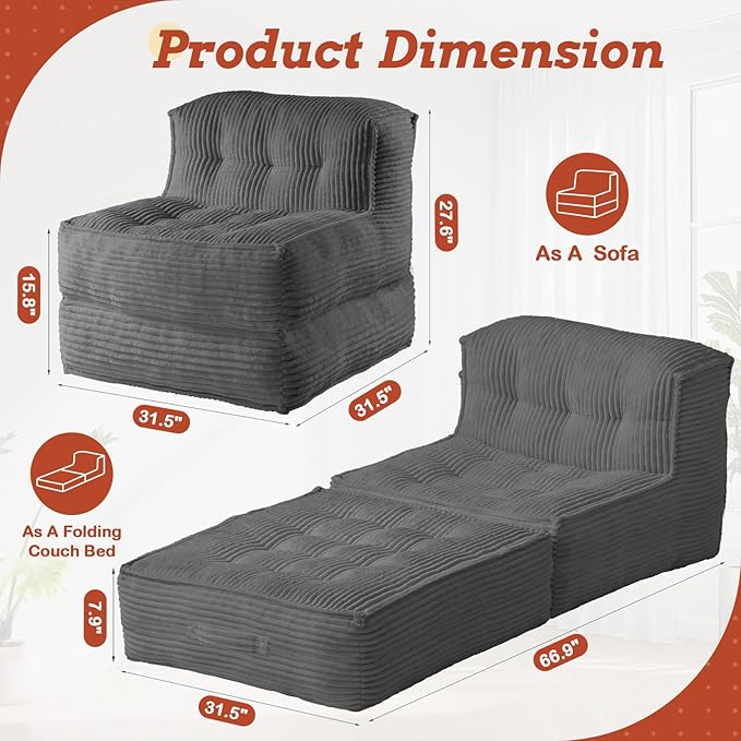 Folding Sofa Bed 5-in-1 Convertible Sleeper Reading Chair Corduroy Futon Sofa Bed Foldable Mattress with Back Support Portable Fold Out Chair Bed Comfy Floor Lounge for Living Room Bedroom