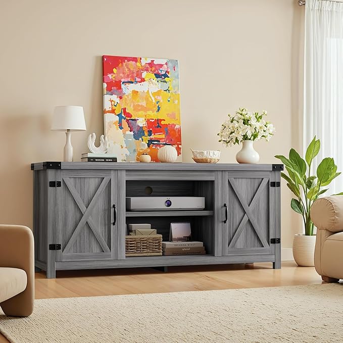 YESHOMY Modern Farmhouse TV Stand with Two Barn Doors and Storage Cabinets for Televisions up to 65+ InchEntertainment Center Console TableMedia Furniture for Living RoomRustic Gray