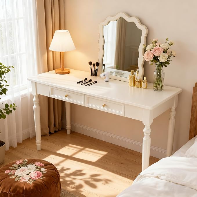 French Country Style White Writing Desks with Drawers 47 Solid Wood Farmhouse Computer Table for Home Office Living Room Study or Workspace (White)