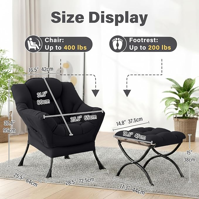 Cozy Lazy Chair and Ottoman Large Peach Black Contemporary Accent Chair Set Leisure Upholstered Reading Armchair for Office Bedroom Living Room Dorm Rooms Balcony