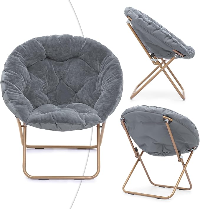 Magshion Folding Saucer Chair for Adults with Ottoman Circle Reading Chair for Bedroom Living Room &amp Dorm Furry Comfy Accent Seat with Metal Leg &amp Thick Padded for Small Spaces (Grey 2 Pac