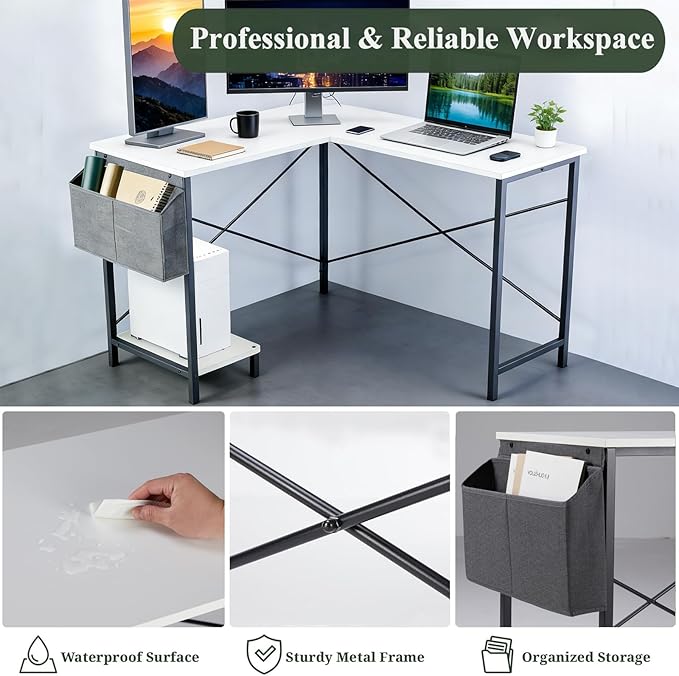 L-Shaped Home Office Computer Desk Gaming Desk with CPU Stand Shelf and Hanging Storage Pocket Corner Student Study Writing Table Sturdy Metal Frame 43.3 D x 50 W Classic White