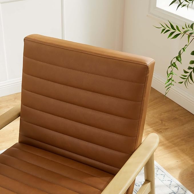 Modway Jensen Vegan Leather Accent Chair in Natural Tan - Mid-Century Modern Armchair with Solid Wood Legs &amp Armrest - Upholstered Faux Leather Single Side Chair - Reading Chair for Living Room