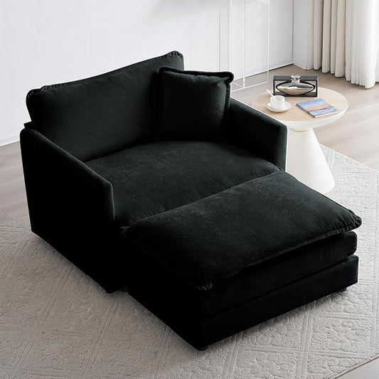 KIVENJAJA 41.4”W Oversized Sofa Chair with Ottoman Modern Chenille Deep Seat Single Couch Armchair Comfy Chaise Lounge Indoor with Pillow for Living Room Bedroom Apartment Black