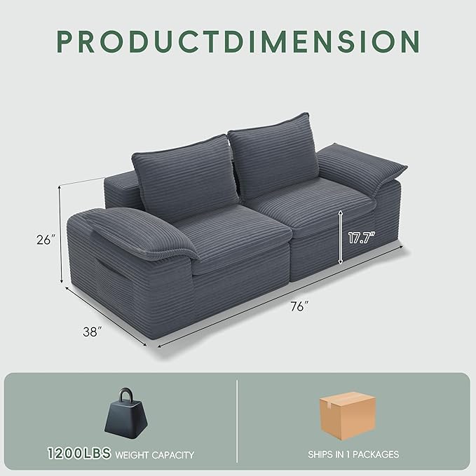 76 Cloud Loveseat Sofa Boneless Loveseat Deep Seat Cloud Couch 2-Seats Boneless Couch Double-Layer Cushion Couch Modular Sectional Sofa for Living Room Small Spaces (Grey Loveseat)