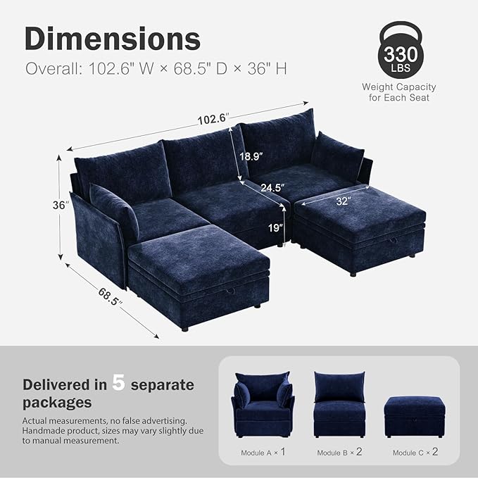 ABCASA 102.6 U Shaped Modular Sectional Sofa 5 Seater Couch with Storage Ottoman Deep Seat and High Backrest with Removable Cover for Living Room Apartment - Chenille Blue
