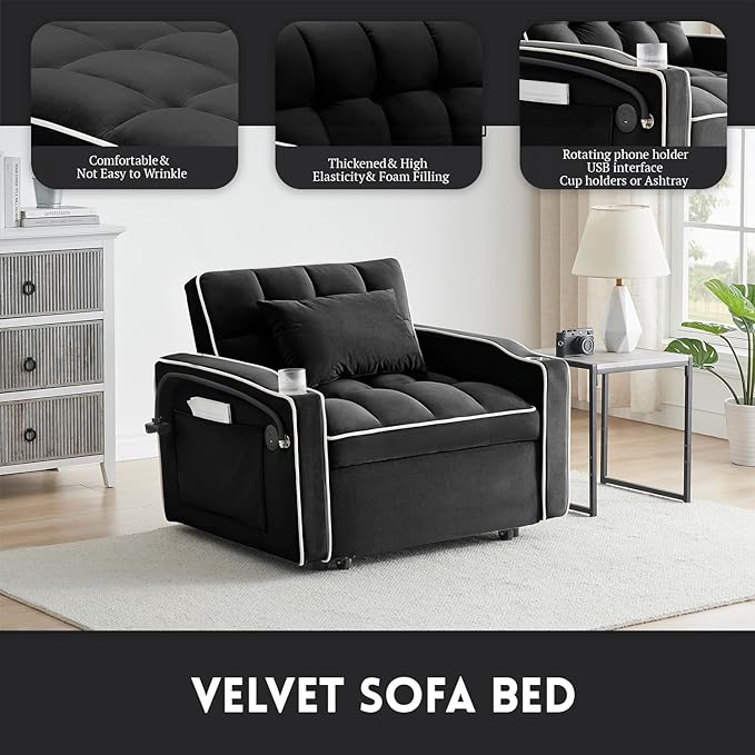 3 in 1 Sleeper Sofa Chair BedVelvet Convertible Sleeper SofaPull Out Bed Chair with USB Port &amp Ashtray and Swivel Phone Stand &amp Storage Pockets Modern Singer Sofa for Living Room