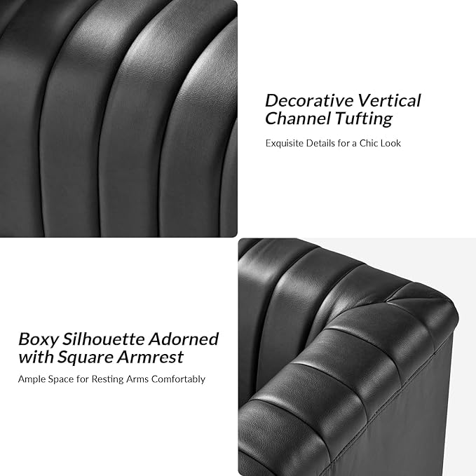 HULALA Home Faux Leather Swivel Accent Chair Boxy Silhouette Chair with Striped Arm Leather Barrel Chair with Herringbone Pattern(Black)