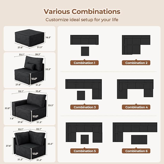 Luxuly Modular Sectional Corduroy Sofa Set L Shaped Couch Reversible Chaise Modular Sectional Couch Mix and Match Pieces Right Armrest Sofa Black