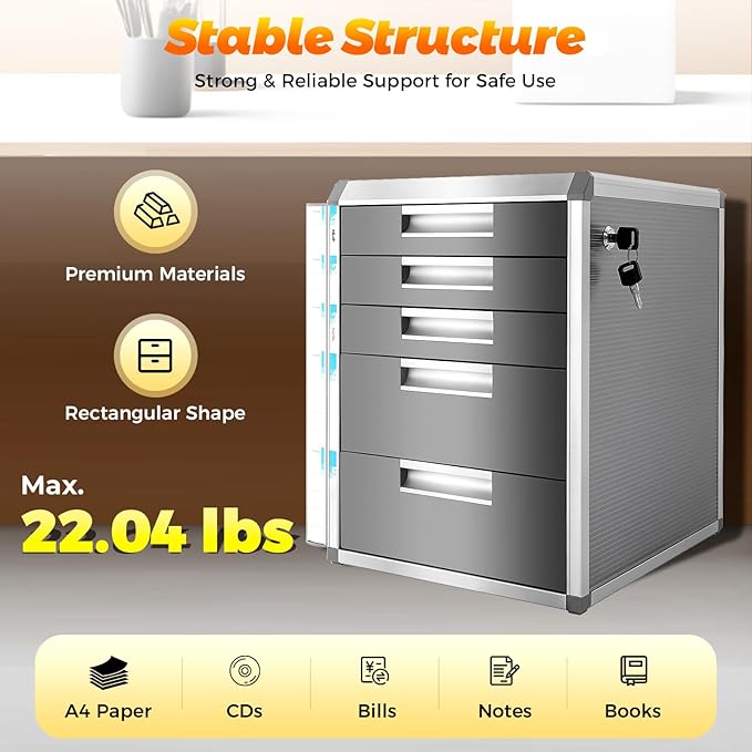 5 Drawers File Cabinet with Lock Metal Document Storage Cabinet with Keys Filing Organization Storage Cabinets for Office Home Aluminum Alloy Edge File Organizer