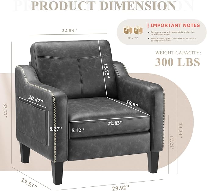 PU Leather Accent Chair Set of 2 Mid-Century Modern Living Room Armchair Sofa with Removable Cushions Solid Wood Frame &amp Stitched Armrest Design Bedroom Chair with Plastic Legs Black