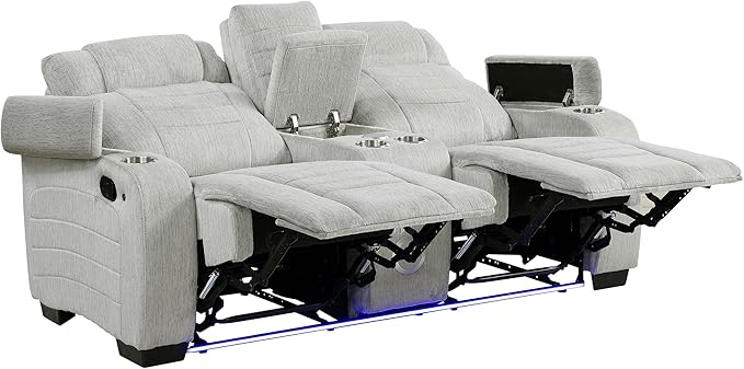 Lexicon Wall Hugger Manual Double Reclining Loveseat with Console Microfiber Home Theater Seating with Cup Holders/Hidden Arm Storage/Wireless Speakers/LED Base Lighting for Living Room Light Gray